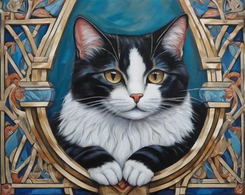 cat portrait,cat frame,art nouveau frame,art deco frame,pet portrait,figaro,mirror frame,calico cat,cat on a blue background,custom portrait,artist portrait,oil on canvas,decorative frame,pferdeportrait,artistic portrait,animal portrait,self-portrait,cat image,holding a frame,cat,Illustration,Realistic Fantasy,Realistic Fantasy 43