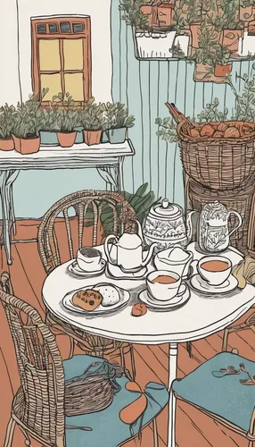 coffee tea illustration,tearoom,watercolor tea shop,cat's cafe,potted plants,tea service,teacup arrangement,watercolor cafe,the coffee shop,coffee shop,teapots,teacups,coffee tea drawing,cafe,teatime,tea cups,afternoon tea,breakfast table,robins in a winter garden,tea set,Illustration,Children,Children 06