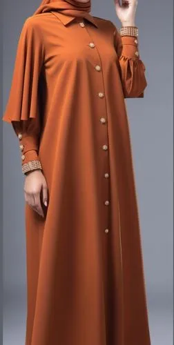 3d fashion drawing for Muslim hijab with pelisse on the sleeves and pleated sleeves with dark orange like brown
With one layer with bottoms on the barcelt of the sleeves ,a woman wearing an orange out