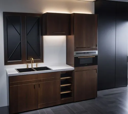 a kitchen setup with melamine wood colored cabinets ,the kitchen has wooden cabinets and appliances in it,dark cabinetry,dark cabinets,gaggenau,scavolini,modern kitchen interior,kitchen design,Photogr