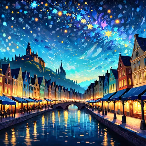 colmar,world digital painting,french digital background,starry sky,colmar city,strasbourg,night scene,citylights,fantasy city,universal exhibition of paris,city lights,grand place,colorful city,fantasy art,art painting,watercolor paris,fantasy picture,starry night,bruges,muenster,Anime,Anime,Cartoon