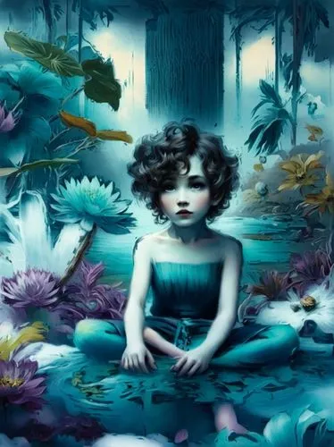 a girl sitting on the ground with her feet on the ground,jasmine blue,secret garden of venus,waterlily,dreamscapes,bergersen,unseelie,Illustration,Realistic Fantasy,Realistic Fantasy 15