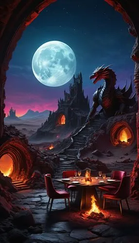 halloween background,fantasy picture,fantasy landscape,cartoon video game background,fire background,romantic dinner,hoenn,cynder,dragon bridge,night scene,campfire,arenanet,charizard,dragon fire,dragons,youtube background,fantasy art,romantic night,halloween wallpaper,game illustration,Illustration,Realistic Fantasy,Realistic Fantasy 33