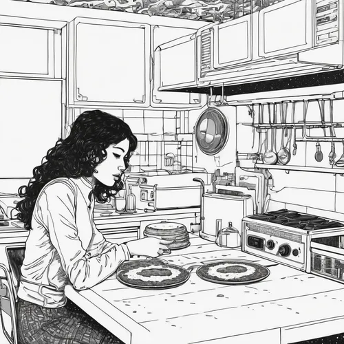 girl in the kitchen,domestic,kitchen,vintage kitchen,big kitchen,cooking,the kitchen,domestic life,kitchen work,washing dishes,cooktop,dishes,stove top,homemaker,food and cooking,kitchen stove,thorens,kitchenette,star kitchen,housework,Illustration,Black and White,Black and White 16