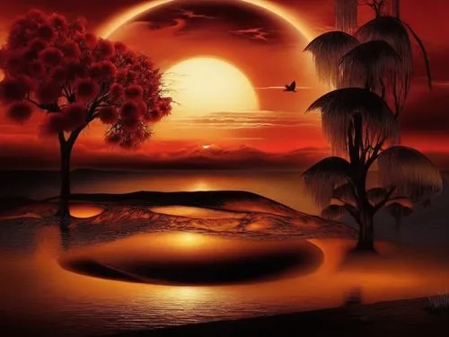 red sun,alien planet,lunar landscape,dusk background,fantasy picture,fire planet,Illustration,Realistic Fantasy,Realistic Fantasy 25