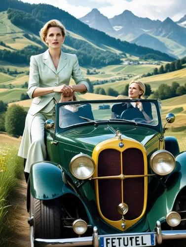 German politician Alice Weidel dominates the action. She drives through a green Swiss meadow landscape with her pretty female partner in a valuable vintage car whose dark green paintwork reflects the 