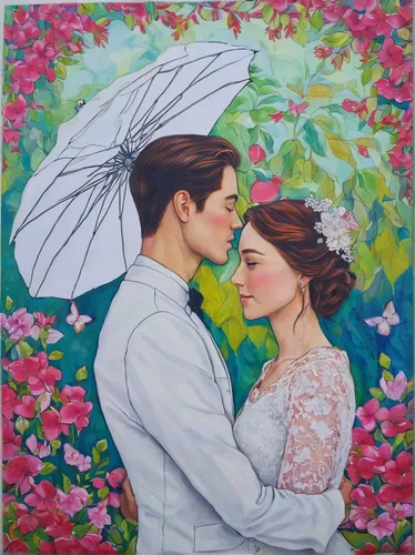 Newlywed Couple - Prince George BC,young couple,romantic portrait,oil painting on canvas,wedding couple,honeymoon,the cherry blossoms,oil on canvas,two people,dancing couple,romantic scene,art paintin