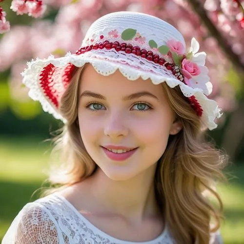 Whimsical dessert-themed hat, whipped cream design, pink and white swirls, fluffy texture, delicate lace trim, tiny cherries on top, sparkly beads scattered, girl wearing, joyful expression, bright ey