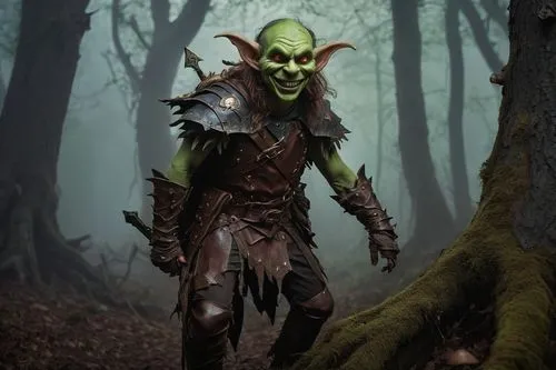 Fantasy, adventure, pathfinder, goblin, green skin, pointed ears, wicked grin, messy brown hair, tattered clothing, leather armor, rusty sword, wooden shield, evil eyes, mischievous pose, dark forest,