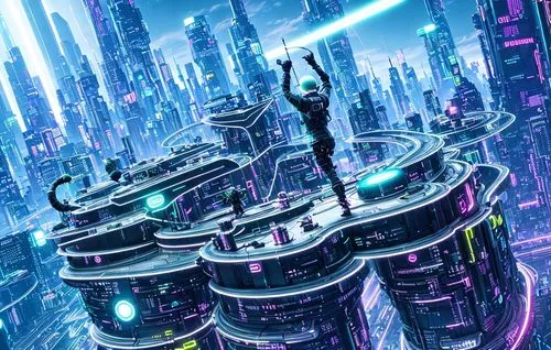 Cyber punk neon Science fiction
highly detailed perfect city perspectives orchestra conductor sheet music podium musicians in pits surrounding
,sci fiction illustration,futuristic landscape,cg artwork