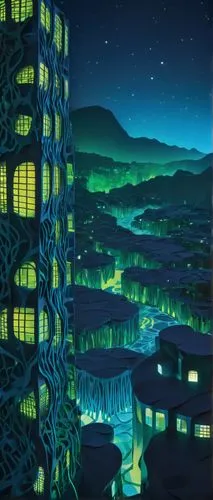 aurora village,cybertown,night scene,city at night,futuristic landscape,fantasy city,skyscraper town,ecotopia,ichigaya,yatsura,ciudades,cybercity,takahata,moc chau hill,at night,chiyonofuji,scampia,metropolis,apartment block,kanto,Unique,Paper Cuts,Paper Cuts 07