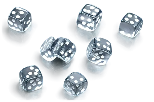 Transparent dice, white background, detailed dots, rounded edges, shiny surface, metallic material, reflective light, close-up shot, shallow depth of field, soft focus, warm color tone, 3/4 compositio