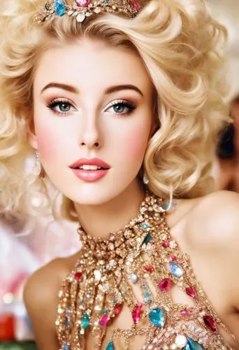 Beautiful blonde lady dressed up for a birthday party, photographed by Ellen von Unwerth. Photorealistic. Colourful.,realdoll,barbie doll,fashion dolls,doll's facial features,fashion doll,princess cro