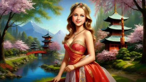 Romantic masterpiece oil painting, cute girl portrait, nostalgic 1950's style kitsch, beautiful exotic rural vast Japanese landscape, cherry blossom scenery, Shinto Japanese sakura, flower petals, by 