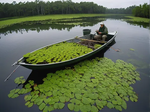 giant salvinia, invasive aquatic plant, floating fern, green mats, dense vegetation, freshwater lakes, fishing environment, obstructed water surface, tangled roots, humid climate, overcast sky, natura