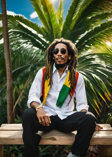 Rastafarian man, Bob Marley, smoking, iconic pose, dreadlocks, beard, sunglasses, Jamaican flag colors, casual wear, white shirt, black pants, sneakers, sitting on a wooden bench, tropical plants, pal