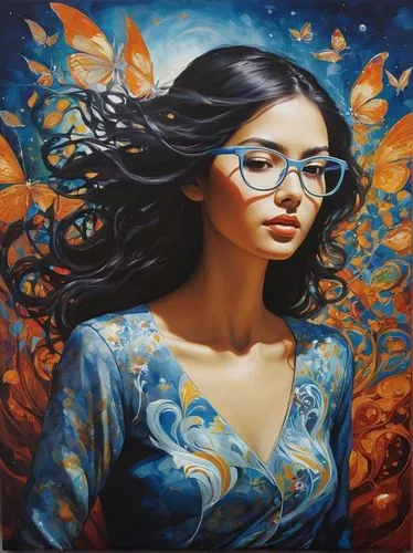 ulysses butterfly,oil painting on canvas,mystical portrait of a girl,julia butterfly,dubbeldam,radha,ilanthiriyan,parvathy,yuriev,welin,passion butterfly,oil painting,blue butterflies,butterflies,follieri,bohemian art,art painting,rahimov,orange butterfly,young woman,Illustration,Paper based,Paper Based 18