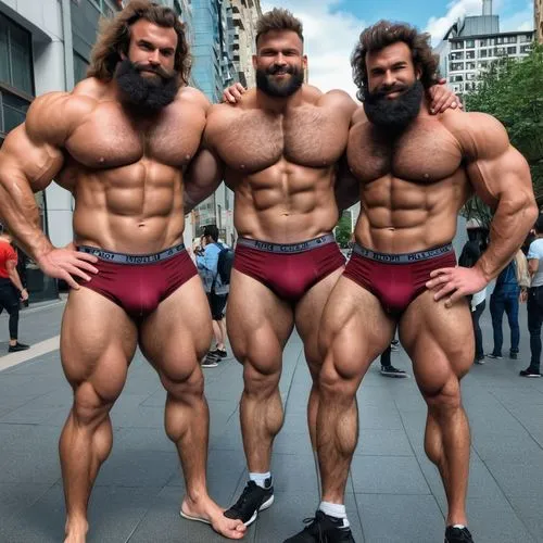 In a bustling city, two massive muscles hairy guys, inflated to 50 centimeters weight bulge pants. Worship another guy,bodybuilders,musclemen,machos,musclebound,physiques,myrmidons,hardbodies,bodybuil