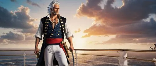 Male, One Piece character, strong muscular build, spiky white hair, blue eyes, scar above left eyebrow, black vest with golden buttons, white pants, red sash, pirate boots, holding a large sword, stan