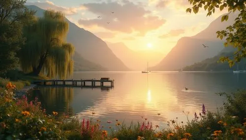 Serene lakefront, warm sunset, tranquil atmosphere, gentle ripples on water surface, misty mountains in distance, lush greenery surrounding lake, weeping willows dipping into calm waters, vibrant wild