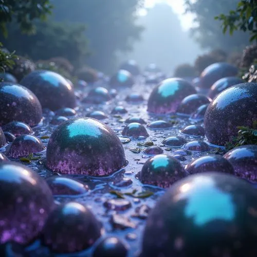 blue spheres,spheres,dewdrops,waterdrops,dew droplets,mushroom landscape,fairy world,dappling,dew drops,alien world,fairy forest,cinema 4d,droplets,shader,water drops,shaders,bubbled,3d background,green bubbles,fractal environment