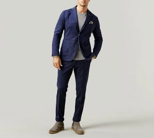 a man wearing a blue striped jacket and dark blue suit,men's suit,sportcoat,navy suit,sprezzatura,men's wear,wedding suit,Male,Eastern Europeans,Casual Shirt and Chinos,Pure Color,Light Grey