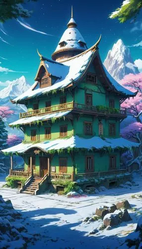 sakura background,japanese sakura background,winter house,studio ghibli,ghibli,kazoku,Illustration,Japanese style,Japanese Style 03