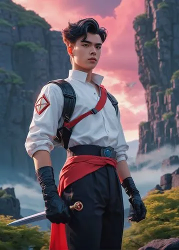 Male, OC, Genshin Impact style, 18yo, strong jawline, short spiky hair, heterochromia eyes, earring, casual outfit, open white shirt, black pants, red sash, boots, sword, backpack, standing heroically