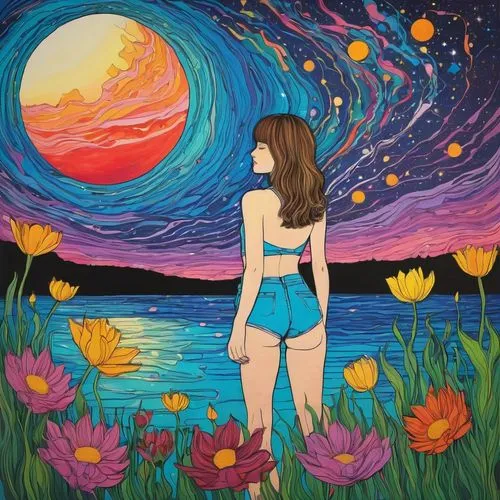 stargazer,dream art,secret garden of venus,cosmos field,girl in flowers,vacationer,Illustration,Paper based,Paper Based 19