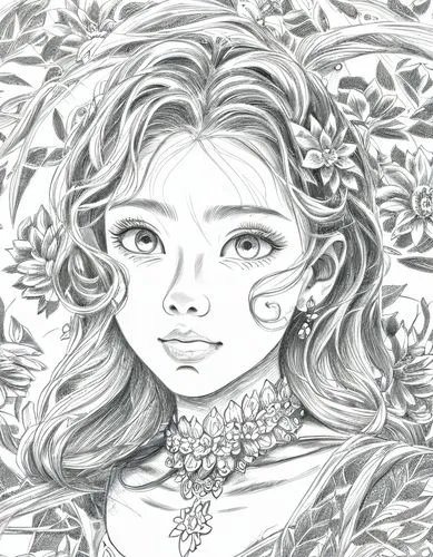 drawing pencil,rose flower illustration,girl in a wreath,jasmine blossom,rose flower drawing,merida,hydrangea,girl in flowers,coloring page,flower line art,dryad,hydrangea background,white rose snow q