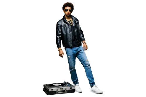 Hip hop DJ, male, cool sunglasses, Afro hair, gold chain, sleeveless jacket, ripped jeans, Adidas sneakers, turntables, vinyl records, microphone, confident pose, urban atmosphere, low-key lighting, s