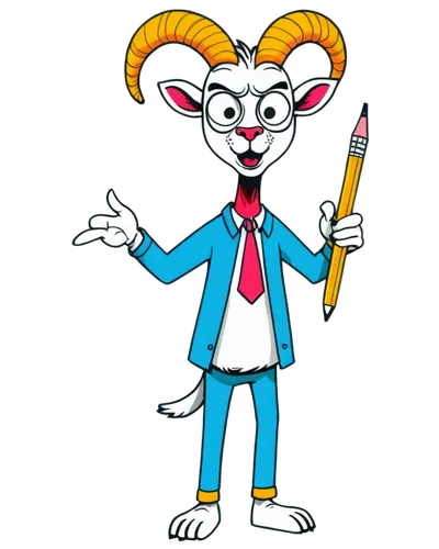 goat, cartoon style, horn, beard, angry eyes, sharp teeth, standing on hind legs, front legs holding a pencil, drawing a picture, colorful background, dynamic composition, exaggerated facial expressio