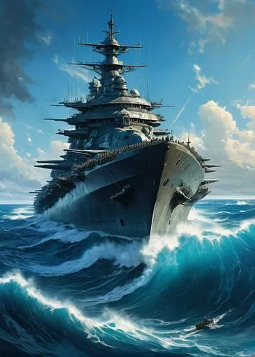 A huge battleship sails across the blue ocean cutting through the waves,  blue sky,,scharnhorst,yamato,leberecht,tirpitz,uss alabama,mutsu,bismarck,kronprinz,kantai,ijn,fujima,marineau,usn,kaga,jmsdf,