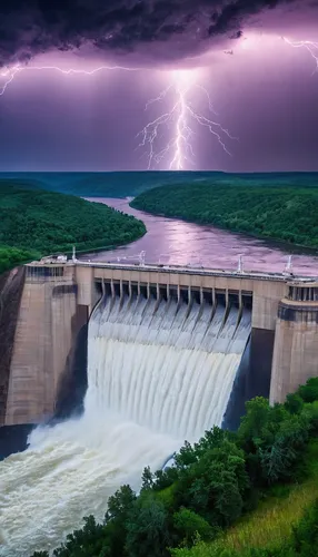 Dam on the river Severskiy Donets, Ukraine, under stormy sky with lightning  @ Givaga / Masterfile,hydroelectricity,water power,dam,hydropower plant,electricity generation,e-flood,nature's wrath,wall,