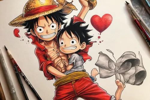 two hearts,heart with hearts,heart in hand,one piece,straw hats,pencil color,hug,father-son,father's love,son goku,fan art,hand drawn,together and happy,a heart,1 heart,heart,copic,happy father's day,colored,handing love,Illustration,Paper based,Paper Based 02