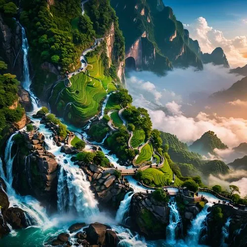 waterfalls,green waterfall,fantasy landscape,mountainous landscape,nature wallpaper,mountain landscape,landscape background,waterfall,beautiful landscape,nature background,windows wallpaper,flowing water,nature landscape,mountain stream,mountain scene,tianchi,fantasy picture,water fall,full hd wallpaper,waterval,Photography,General,Fantasy