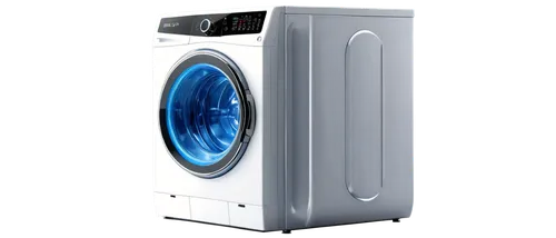 Washing machine, front-loading, metallic body, blue LED display, circular door, spinning drum, soap dispenser, water pipes, modern design, sleek lines, shiny surface, morning light, soft focus, shallo