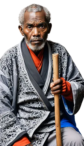 Old African man, wrinkled face, white beard, grey hair, worn-out clothing, cotton robe, wooden cane, sitting, serious expression, aged eyes, dark skin, warm lighting, shallow depth of field, 3/4 compo