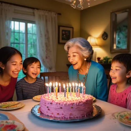 The boy stands behind a colorful birthday cake with many candles at a wooden dining table. The boy expresses pure happiness and joy with a spark of joy in her eyes. She leans forward and gently blows 