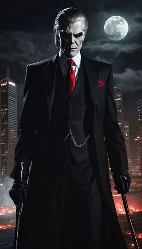 Dark anime villain, slender figure, menacing gaze, sharp facial features, evil grin, black suit, red tie, silver cufflinks, black gloves, dramatic pose, one hand on hip, other hand holding a cane, smo