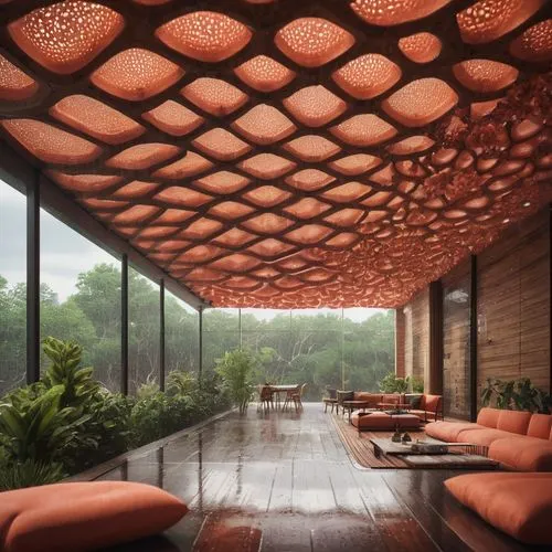 pergola,wooden roof,patterned wood decoration,roof landscape,cabana,honeycomb grid,honeycomb structure,umbrella pattern,wood structure,corten steel,building honeycomb,terracotta tiles,bamboo curtain,terracotta,3d rendering,living room,asian architecture,canopy,sky space concept,folding roof,Photography,General,Commercial