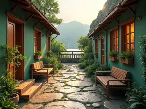 teahouse,roof landscape,ryokan,bungalows,home landscape,japanese-style room,teahouses,verandah,verandahs,summer cottage,walkway,hanok,porch,front porch,japan landscape,backyards,cottages,verandas,shangri,asian architecture,Photography,General,Realistic