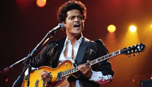 Bruno Mars, solo, 30s, handsome, strong jawline, bright brown eyes, messy curly hair, iconic mustache, stylish outfits, leather jacket, white shirt, fitted jeans, black boots, holding a guitar, singin