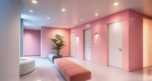 Beauty store consultation room hallway design, wall surface, ceiling white tone, floor from pink to white, sofa fabric, minimal plant, kitsch and minima,salmon,hallway space,luxury bathroom,interior d