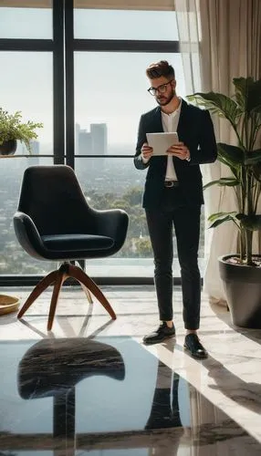 real estate agent,blur office background,commercial,ceo,concierge,smartsuite,modern office,man with a computer,rotana,zorlu,financial advisor,underwood,estate agent,commerical,nav,ignazio,office space,office chair,a black man on a suit,an investor,Illustration,Realistic Fantasy,Realistic Fantasy 16