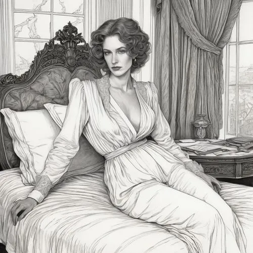 woman on bed,victorian lady,vintage woman,maureen o'hara - female,nightgown,vintage drawing,mrs white,vintage illustration,victorian style,girl in bed,vintage female portrait,art deco woman,queen anne,white lady,romantic portrait,vintage women,woman sitting,book illustration,jane austen,pencil drawings,Illustration,Black and White,Black and White 28