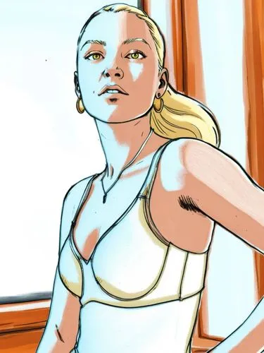 simple drawing of a woman with blonde hair in a dress near a window,a woman is wearing a white  - shirt in front of a window,rotoscoped,rotoscope,mckelvie,rotoscoping,pixton,namorita,Conceptual Art,Fa