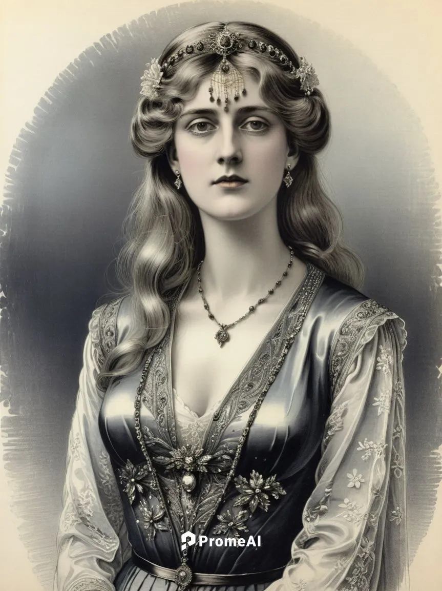 Black and white steel engraving, 1900: MARY (née von Teck), then Princess of Wales,an old fashion picture of a woman with long hair,vintage female portrait,rosnazura,diana,marchioness,victorian lady,l