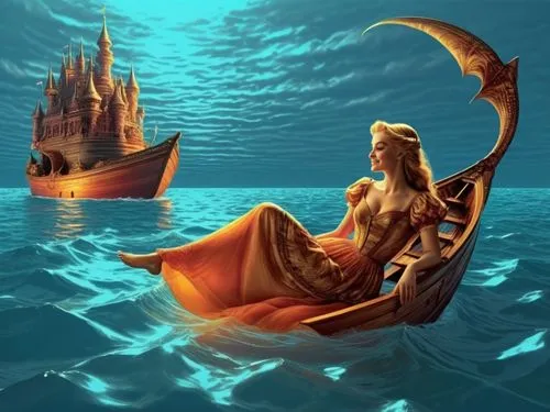 where and when my sleeping beauty come and see the other life at deep sea with big smile ,a woman is floating in the middle of the ocean on her boat,amphitrite,fantasy picture,nereids,atlantica,sirene