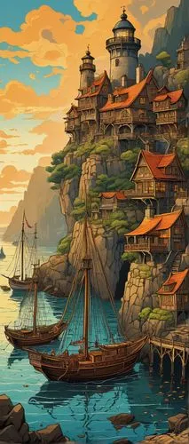 japan landscape,asian architecture,oriental,studio ghibli,fishing village,ancient city,boat landscape,world digital painting,oriental painting,fantasy landscape,japanese background,dragon boat,sea landscape,sea fantasy,chinese background,harbor,coastal landscape,seaside resort,caravel,landscape background,Illustration,Black and White,Black and White 21